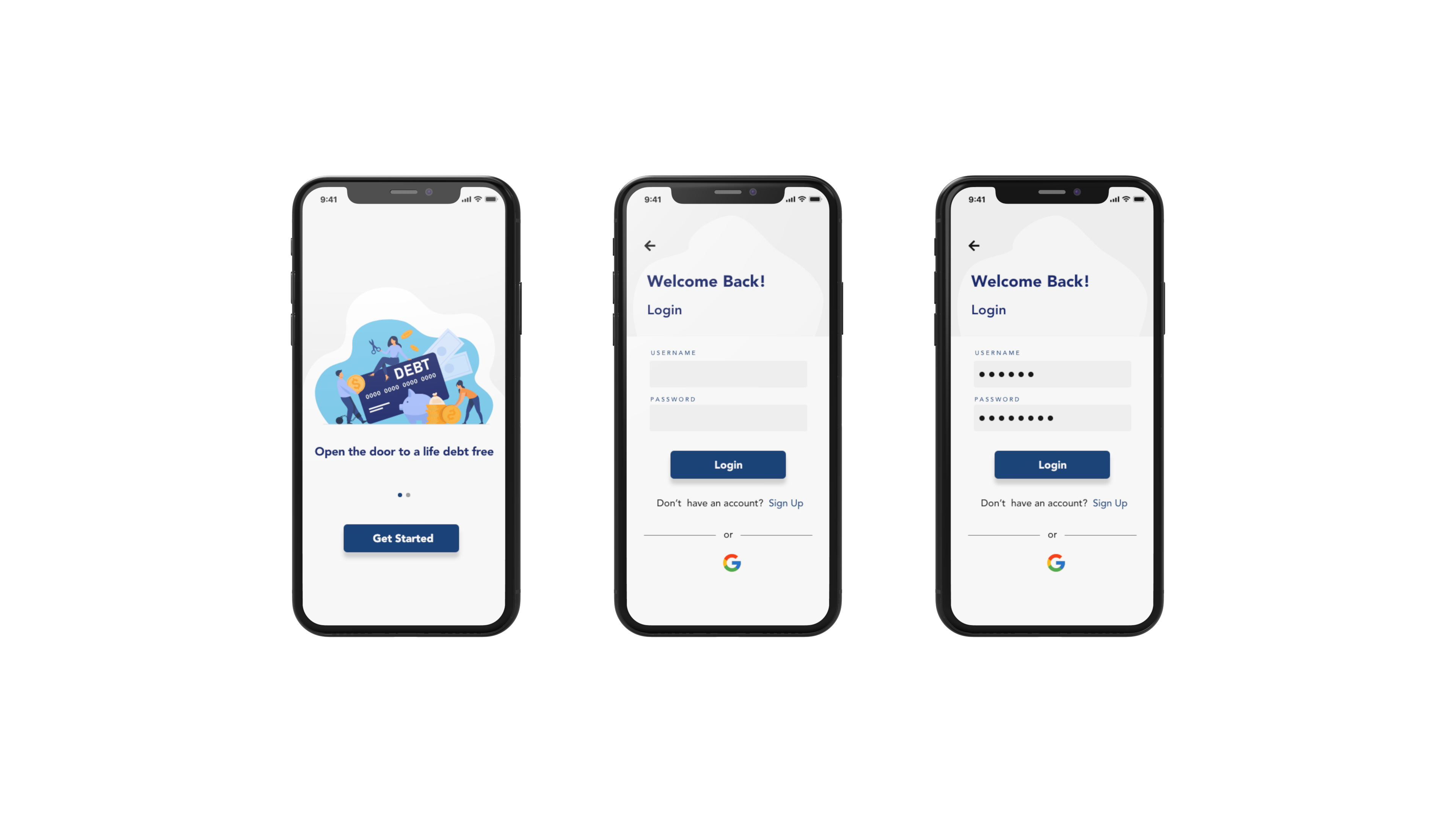 Debt Pull — Onboarding & login screens