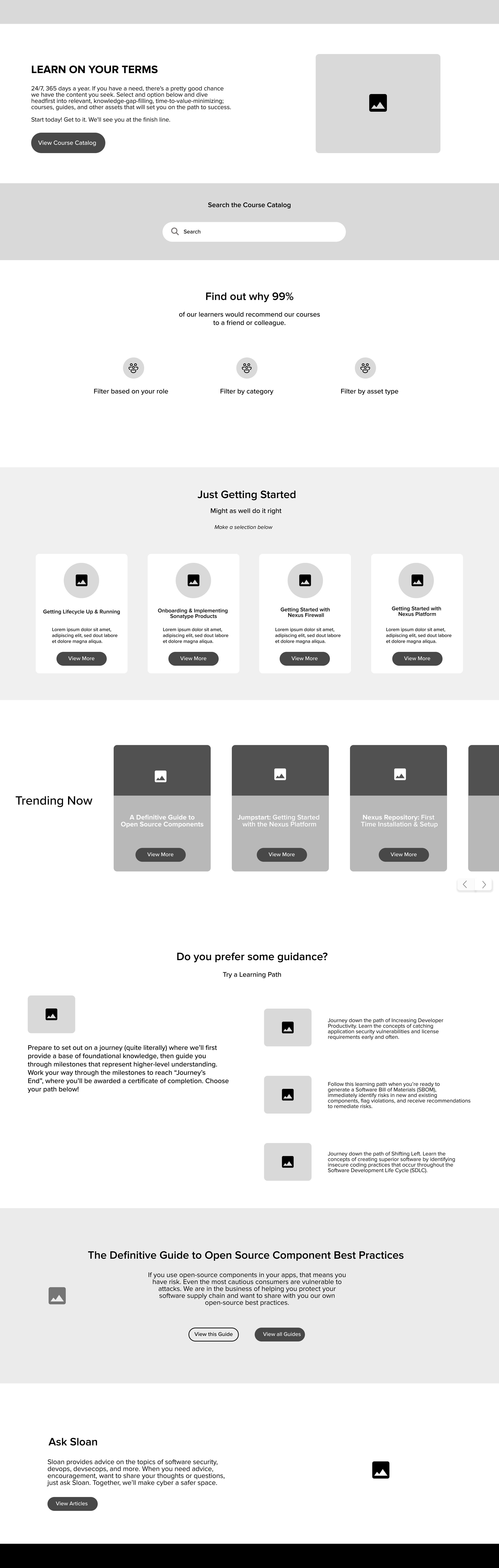 Sonatype — Learn page — low-fidelity wireframe