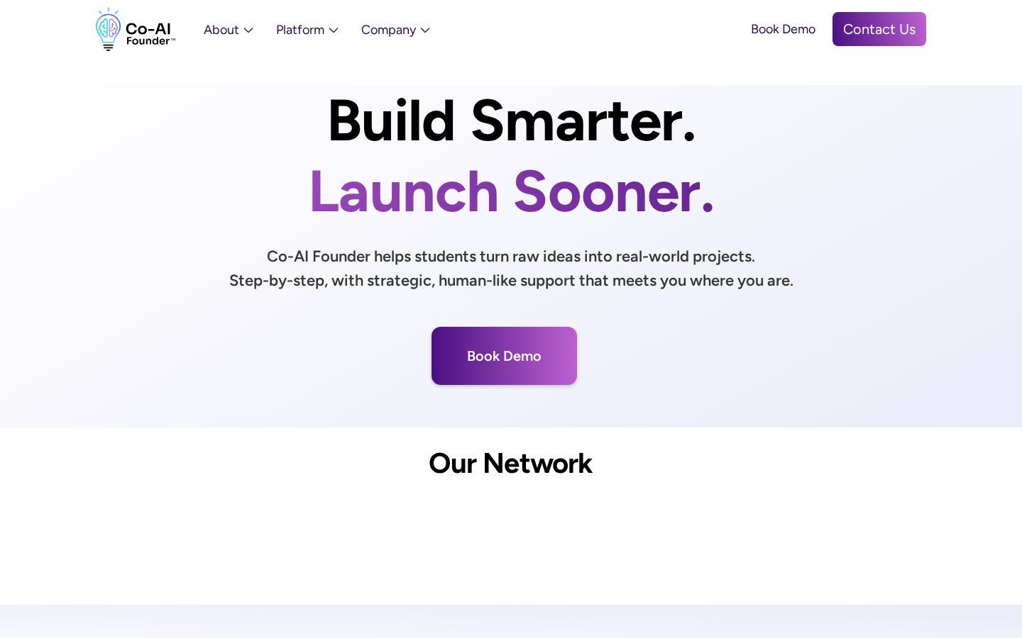 Co-AI Founder homepage hero reading Build Smarter. Launch Sooner.