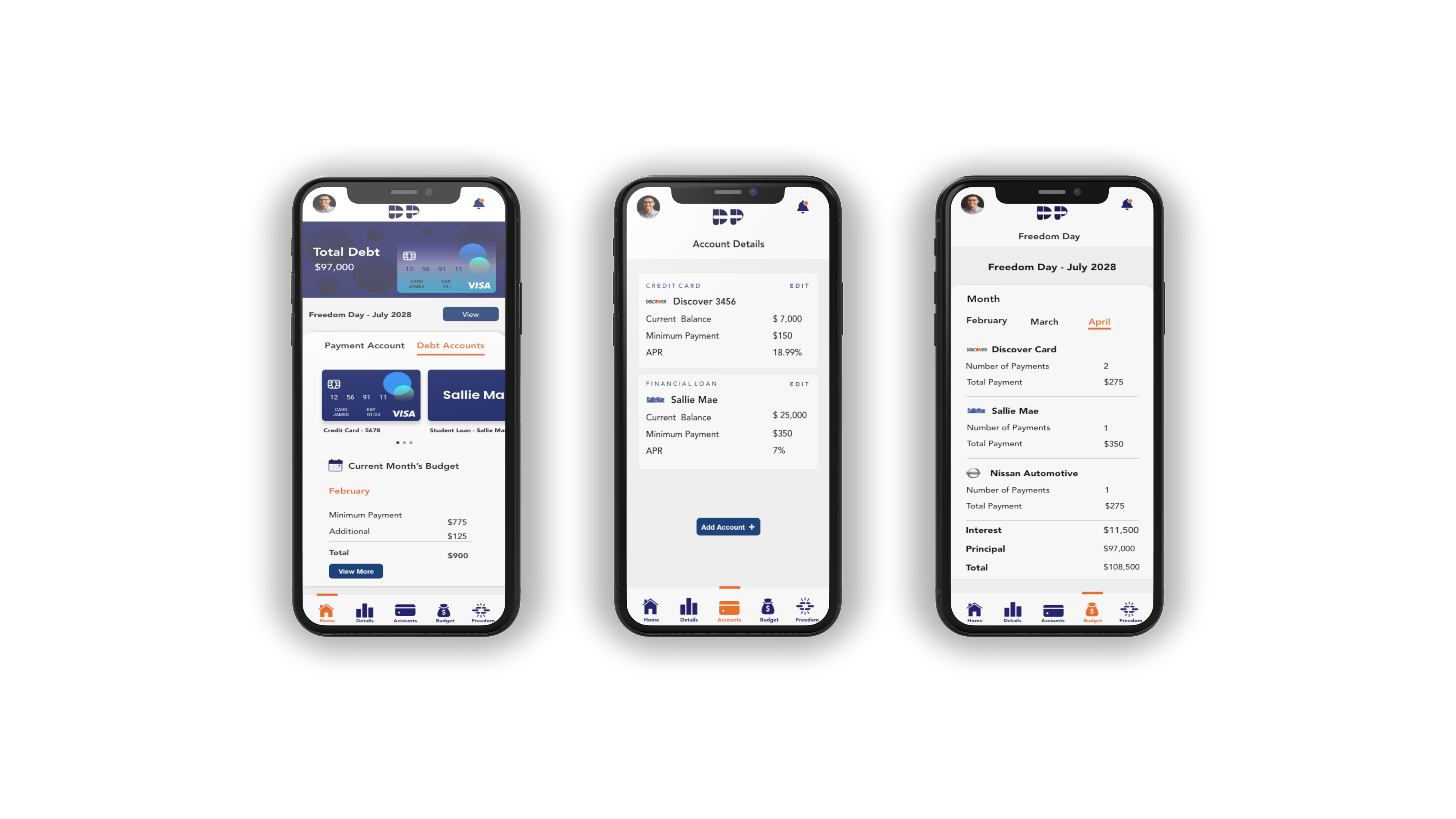 Debt Pull mobile designs showing the homepage, account details, and Freedom Day