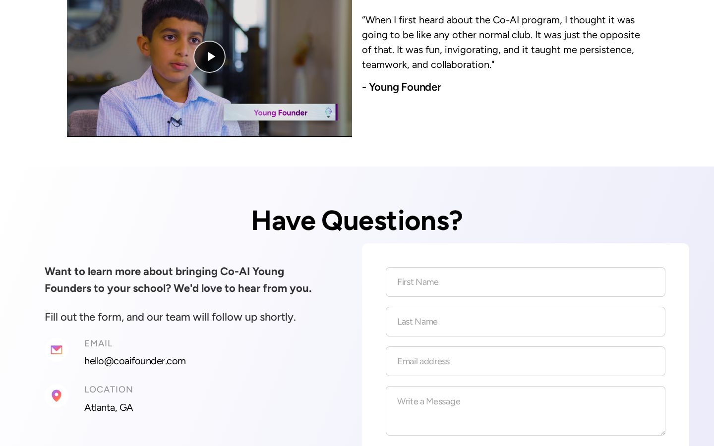 Co-AI Founder — Have Questions? contact section
